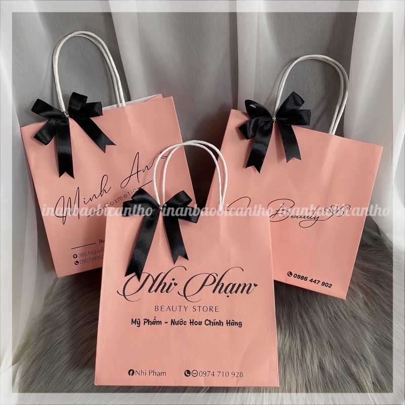100 túi giấy Hồng đào in logo theo yêu cầu  - Túi giấy in đựng mỹ phẩm, đựng quần áo
