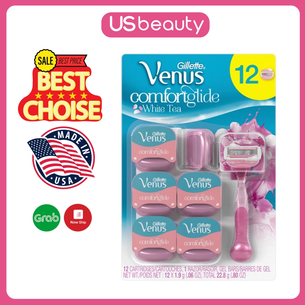 Bộ dao cạo nữ 3 lưỡi VENUS GILLETTE có sáp hương trà trắng dưỡng da với 12 đầu thay - Hàng chính hãng MỸ