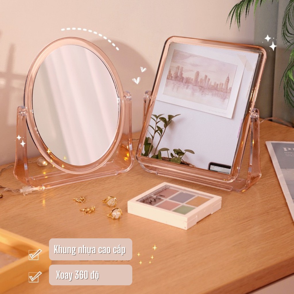 Gương trang điểm để bàn trong suốt 2 mặt gương xoay 360 độ thiết kế sang chảnh phong cách Hàn Quốc