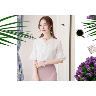 Áo sơ mi cổ thắt nơ tay loe điệu đà