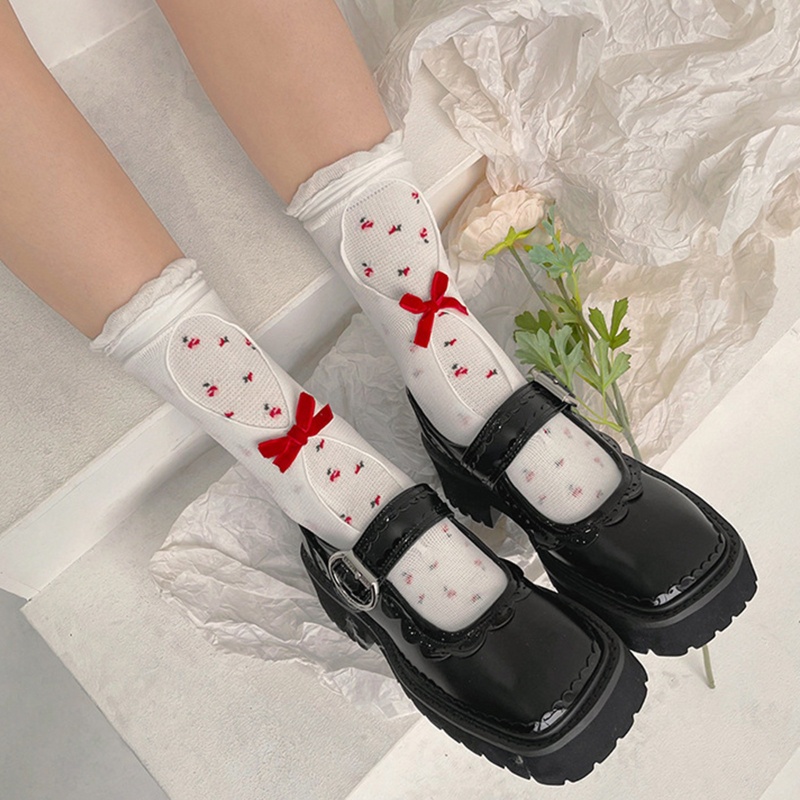Youyo Vớ Lưới Hai Lớp Rỗng In Hoa Khoét Rỗng Viền Bèo Nhún Phong Cách Lolita Nhật Bản Ngọt Ngào Cho Nữ
