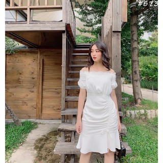 Váy trễ vai màu trắng - Đầm trễ vai màu trắng