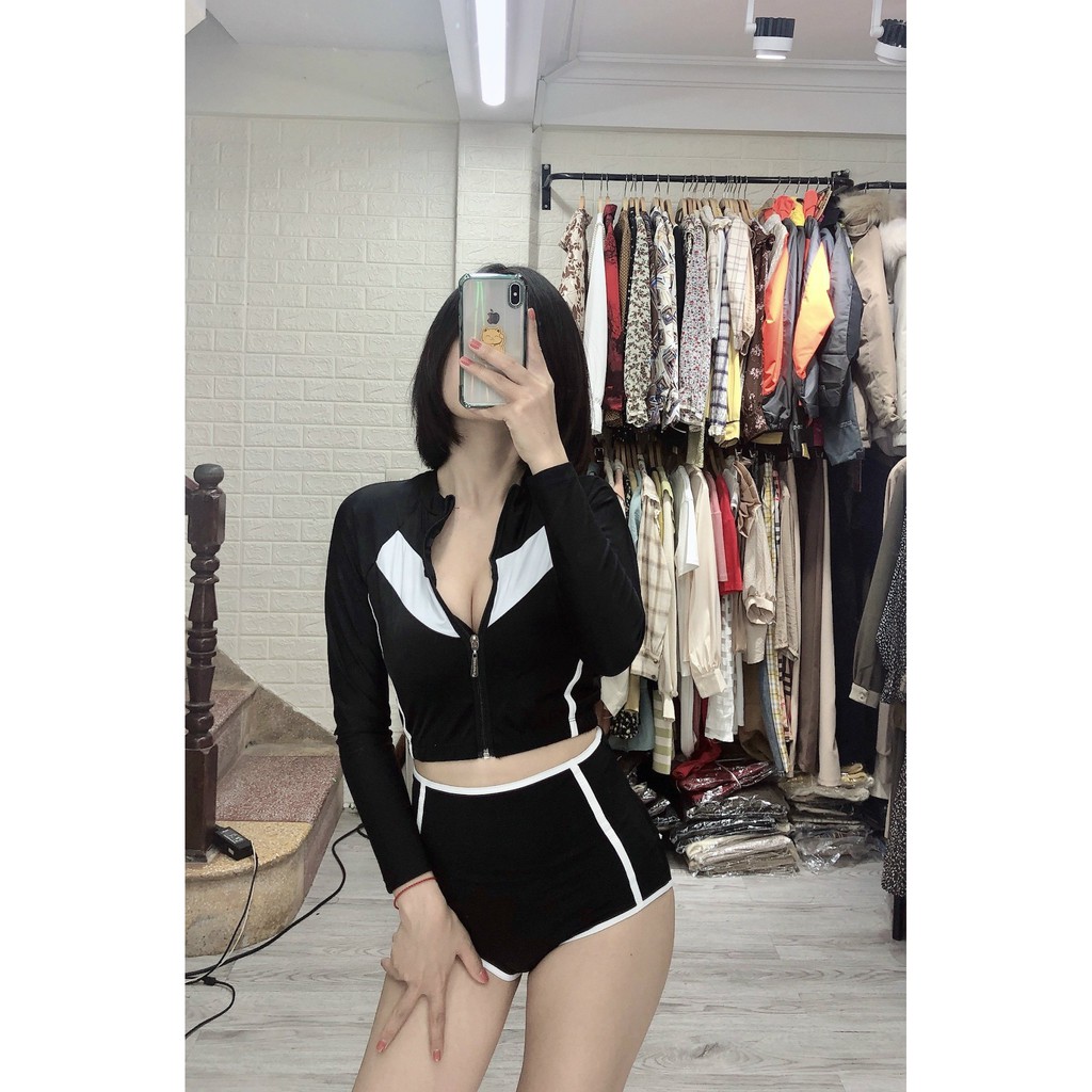 Bộ bơi 2 mảnh áo dài tay quần đùi, bộ bơi tắm biển cho nữ phối sọc kín đáo Bikini191