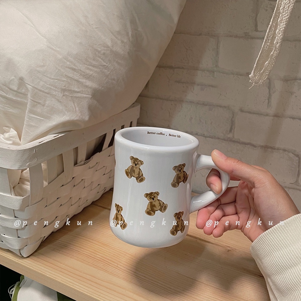 Cốc uống nước cà phê sữa cho bữa sáng kiểu Pháp bằng gốm họa tiết gấu kem mũm mĩm dễ thương