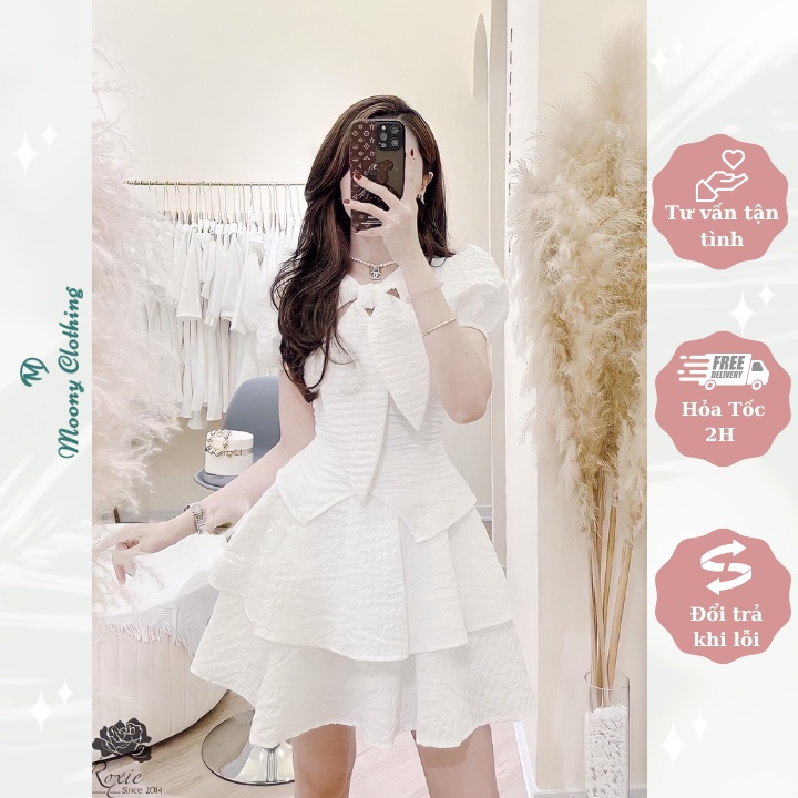 Set Áo Nơ Cổ Mix Chân Váy Xòe 2 Tầng Dáng Ngắn Màu Trắng. Chất Xốp Mềm Size 40 - 53kg. Kèm Video Ảnh Thật Chất Vải.