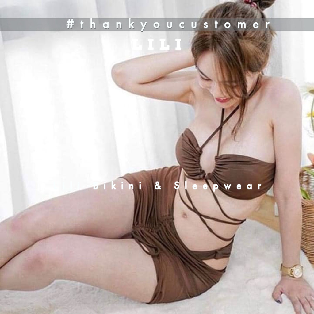 Bộ đồ bơi bikini Âu Mỹ 3 mảnh kèm váy sexy hàng Quảng Châu cao cấp 3 màu nâu, đỏ, xanh dương