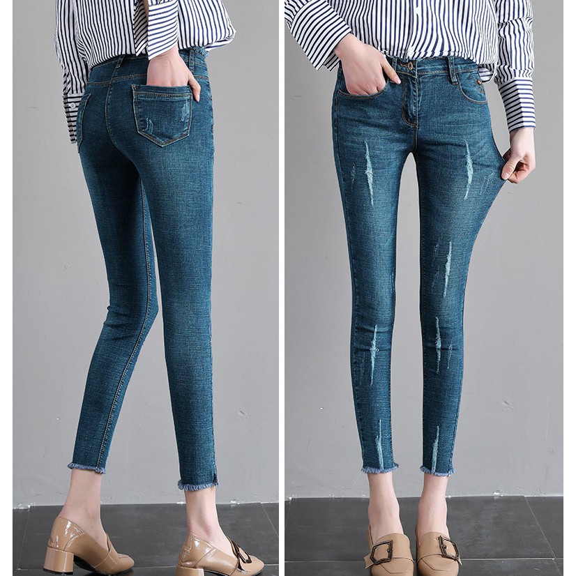 Quần jeans 9 tấc tấc nữ cào xước lai tua co giãn