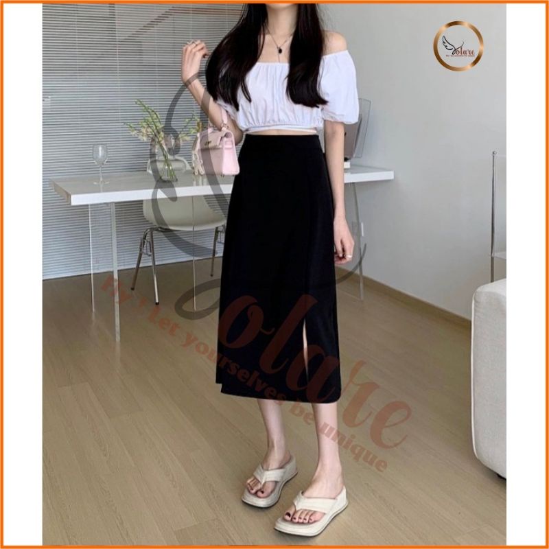 Chân Váy Dài Chữ A Xẻ Trước Bigsize Màu Đen Dài 70cm Lưng Thun Sau VXTR70