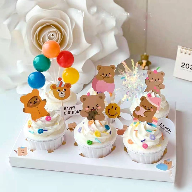 Set 16 Miếng Dán Trang Trí Bánh Kem Hình Gấu Và Bong Bóng Dễ Thương