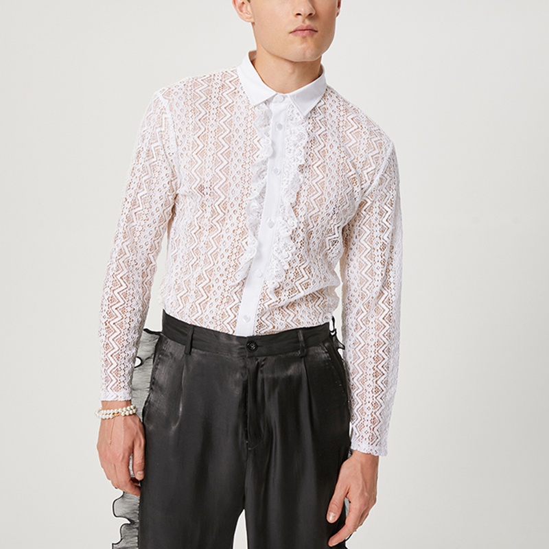 Áo sơ mi INCERUN dài tay phối ren lưới xuyên thấu phong cách Anh Quốc thanh lịch cho nam