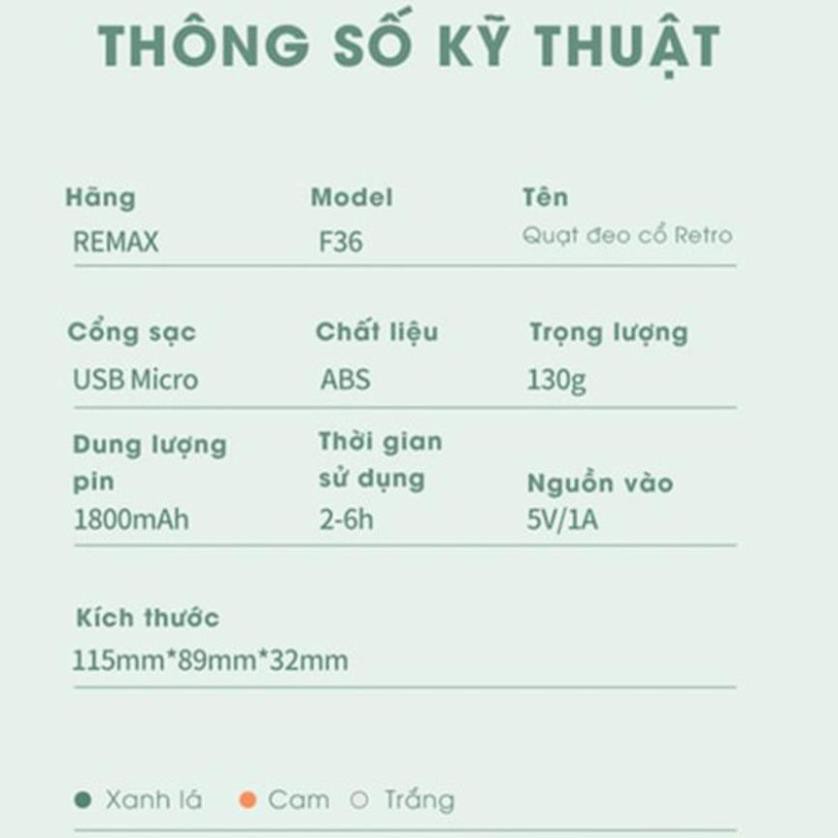 Quạt mini đeo cổ tích điện Remax F36 phong cách 3 chế độ gió sử dụng trong 6h  / quạt cầm tay mini BH Chính Hãng 6 Tháng