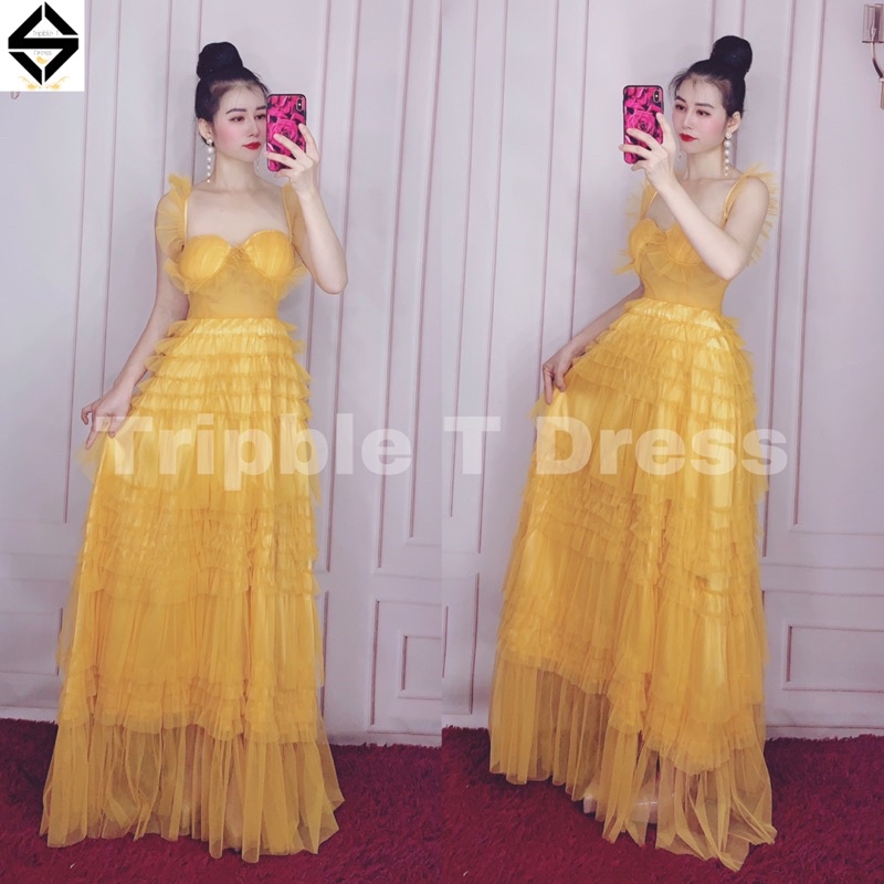 Đầm xoè dáng midi TRIPBLE T DRESS 2 dây nhún phồng xếp tầng - Size M/L - MS172V