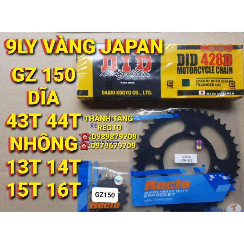 NHÔNG SÊN DĨA SUZUKI GZ 150 43T 44T SÊN VÀNG DID 9LY CHÍNH HÃNG NHÔNG 13T 14T 15T 16T