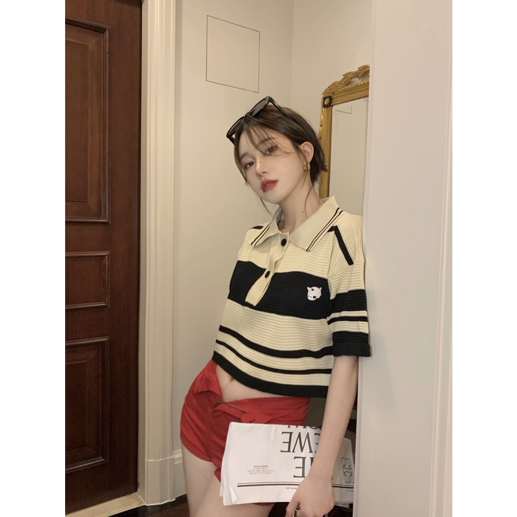 LALISAS Áo kiểu phối màu kẻ sọc thời trang hàn quốc dễ phối đồ cho nữ