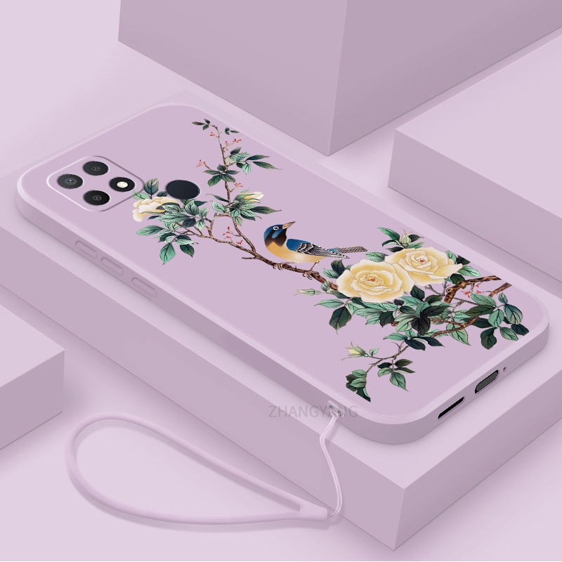Ốp Điện Thoại TPU Mềm Họa Tiết Hoa Và Chim Có Dây Đeo Cho oppo a15 a15s