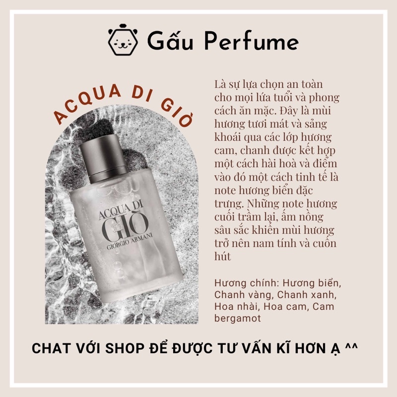 Mẫu thử nước hoa chính hãng ACQUA DI GIO (Giò trắng) 10ML