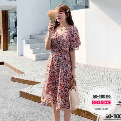 Đầm hoa nhí dáng dài Bigsize Váy nữ tay ngắn cổ chữ v che bụng mỡ ôm eo mùa hè Phong cách Hàn Quốc Thời Trang cá tính xinh đẹp bigsizegiaree