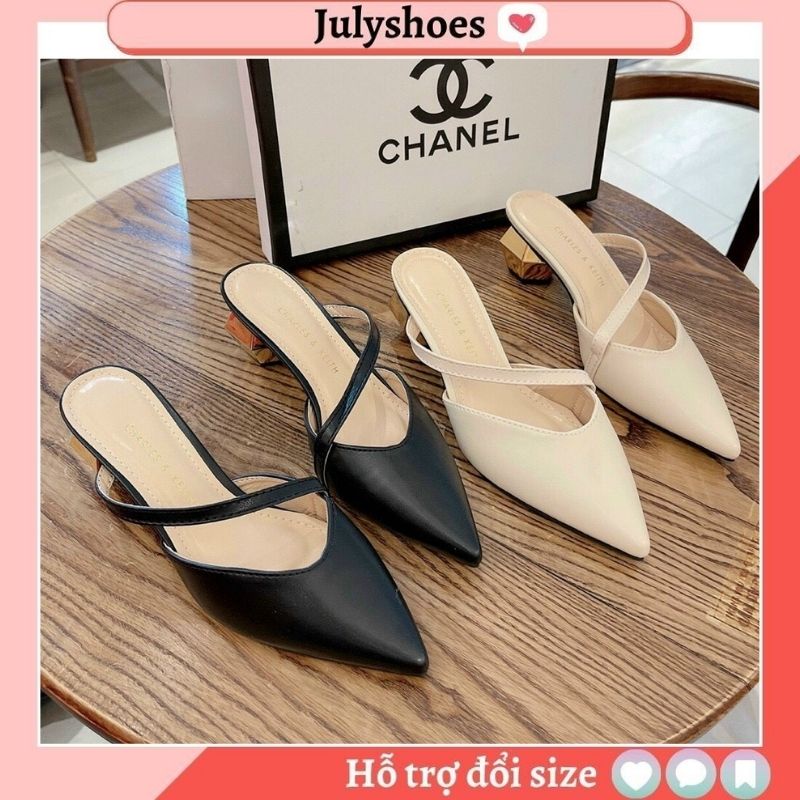 Sục nữ mũi nhọn sục thời trang quai chéo da trơn lì gót cách điệu sang chảnh