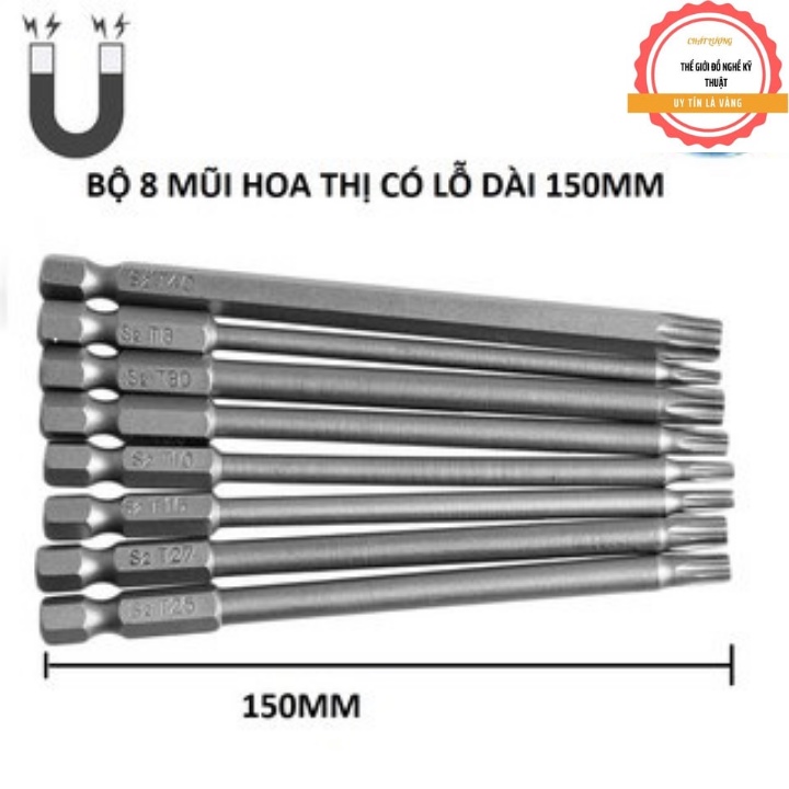 Bộ 8 mũi hoa thị có lỗ dài 150mm T8 , T10, T15, T20, T25, T27 , T30 , T40 . chân lục giác 6.35mm