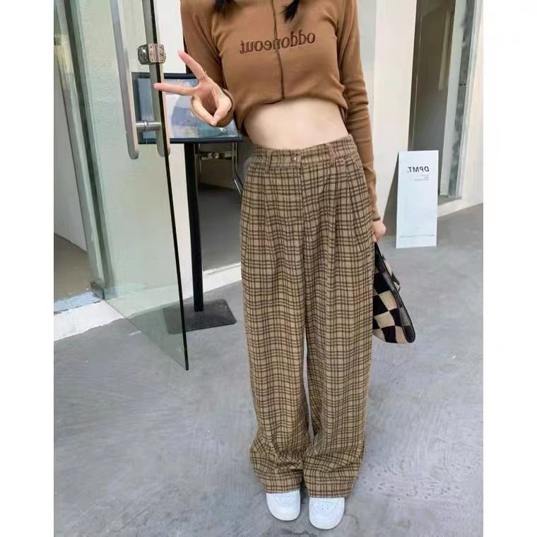 Quần Dài Lưng Cao Ống Rộng Họa Tiết Sọc Caro Phong Cách Retro Cho Nữ Sinh
