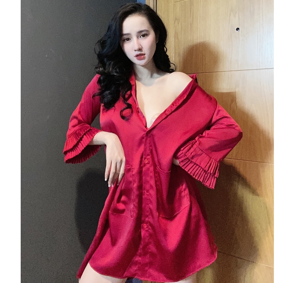 Đồ ngủ sexy / Đầm sơmi siêu gợi cảm - tay có phối dập ly, chất liệu SATIN cao cấp loại 1 mềm mịn mát, freesize dưới 65kg | BigBuy360 - bigbuy360.vn