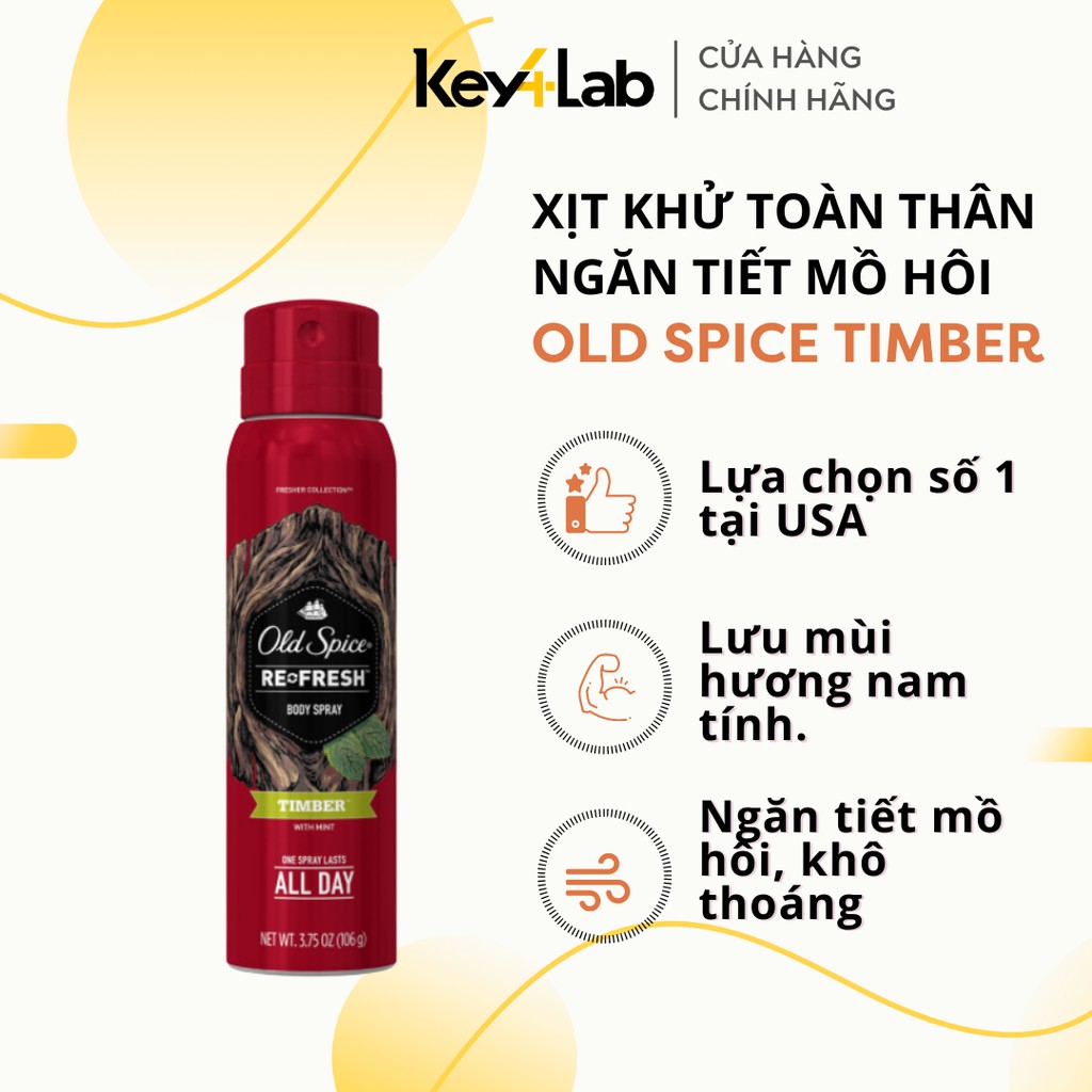 Xịt khử mùi LOẠI BỎ MÙI HÔI Old spice Timber mùi hương dễ chịu, giúp khô thoáng 106g Key4 Lab | BigBuy360 - bigbuy360.vn