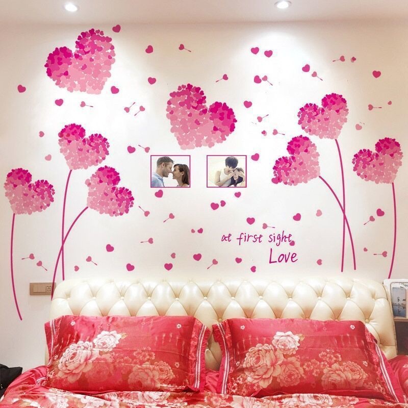 Tranh dán tường phòng ngủ mẫu TRÁI TIM HỒNG( kt 1m4*2m2) gồm 6 cây trái tim