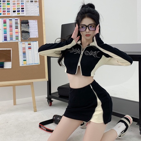 Áo Khoác Ngắn Tay Dài In Họa Tiết Màu Sắc Tương Phản + Quần Dài Lưng Cao Phong Cách Hàn Quốc Thời Trang Cho Nữ