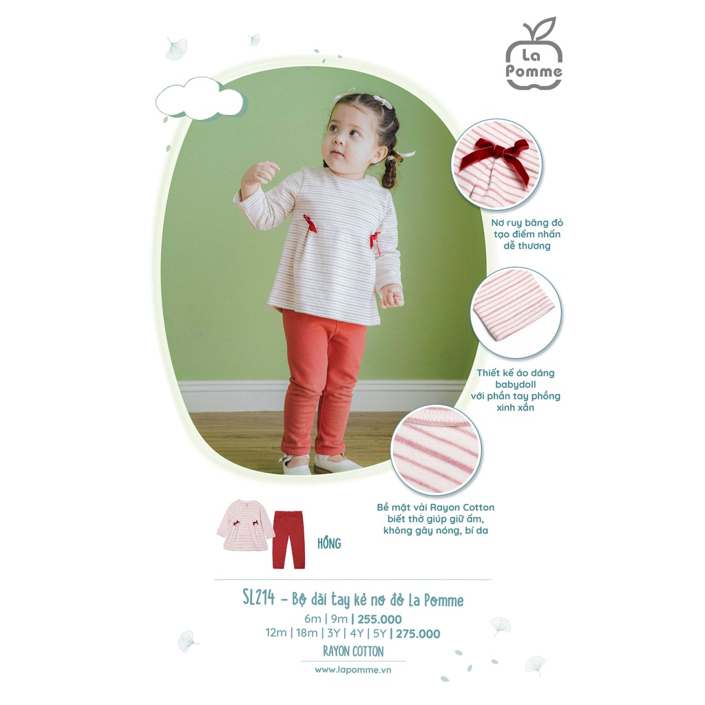SL214 Bộ quần áo dài tay bé gái La Pomme kẻ nơ đỏ - Chất liệu cotton xinh xắn