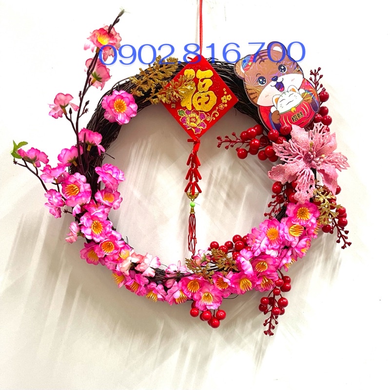 Vòng nguyệt quế hoa mai - hoa đào điểm cành đào đông đỏ treo cửa bao lì xì may mắn trang trí tết - Quà tặng biếu tết