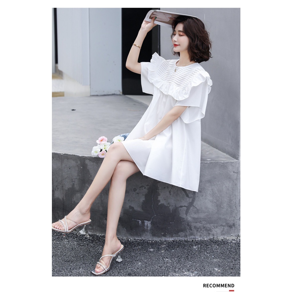 Váy đầm xếp ly quảng châu dáng ngắn, Đầm trắng dự tiệc tiểu thư cổ bèo dễ thương kiểu hàn | BigBuy360 - bigbuy360.vn