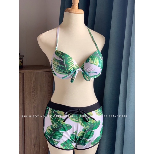 Đồ bơi nữ đi biển, bikini 2 mảnh nâng ngực hoạ tiết hoa lá xanh