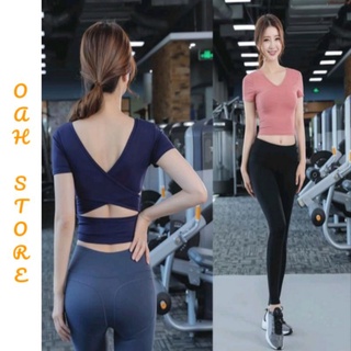  Bộ đồ thể thao nữ tập gym yoga aerobic áo tay ngắn cổ tim vạt chéo 
