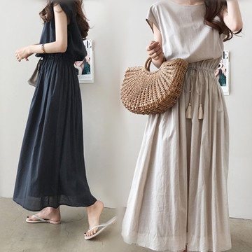 Đầm Cotton Lanh Dáng Dài Rộng Eo Buộc Dây Thời Trang Mùa Hè Hàng Mới Cho Nữ