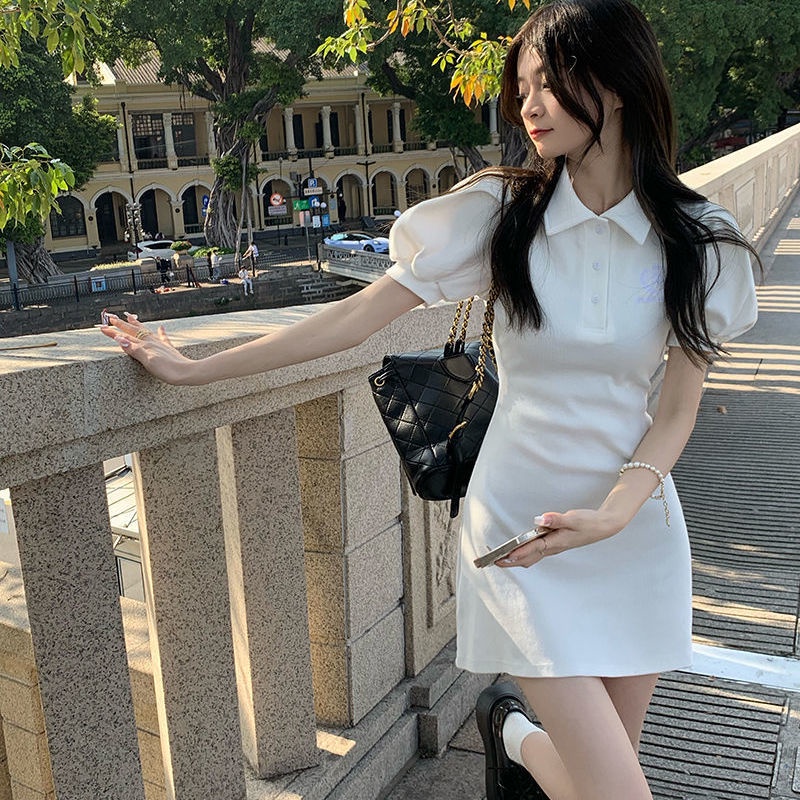 AMOI Đầm Sơ Mi Tay Ngắn Phồng Cổ Polo Ôm Eo Thời Trang 2022 Cho Nữ