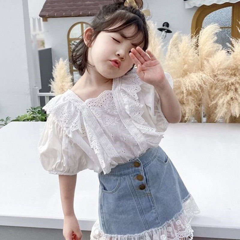 Đầm Denim Phối Ren Cho Bé Gái