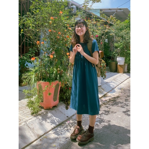 Váy Babydoll Vintage Xòe Rộng Tay Ngắn Cổ Tròn Tối Giản Xô Muslin Vui Hè Mát Nhẹ Nhàng