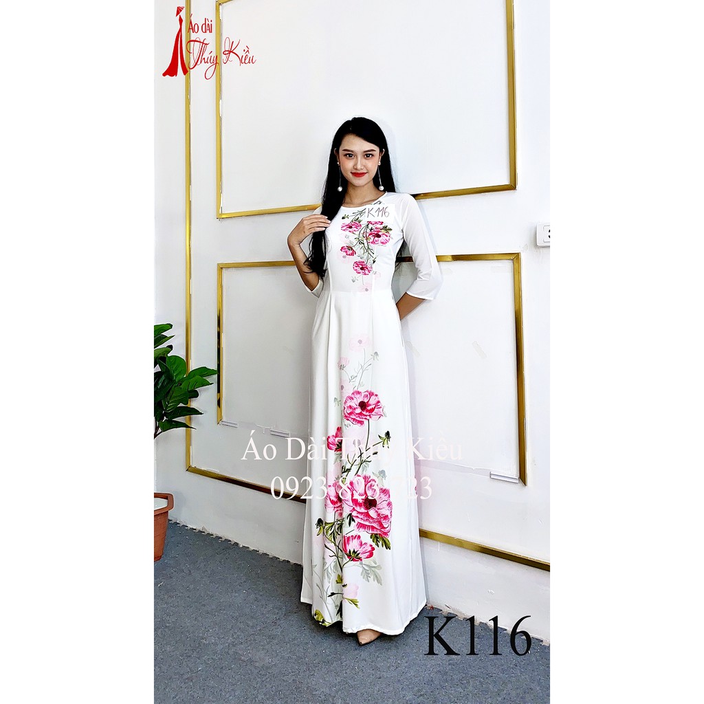 Áo dài Thúy Kiều in 3D lụa Nhật nền trắng in hoa hồng K116 ❤️FREESHIP❤️ mềm mại, co giãn, thấm hút mồ hôi