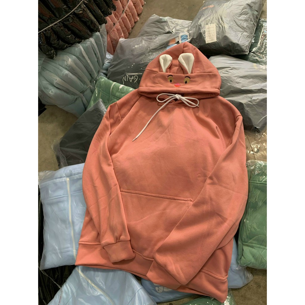 Áo Khoăc Hoodie Chui Đầu Nón Tai Thỏ Dễ Thương Chất Liệu Nỉ PE Mềm Mịn Trang Phục Mà Đông
