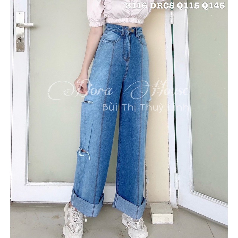 Quần baggy jeans suông phối màu