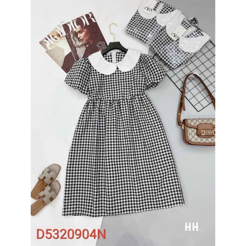 Đầm babydoll caro cổ bèo dễ thương