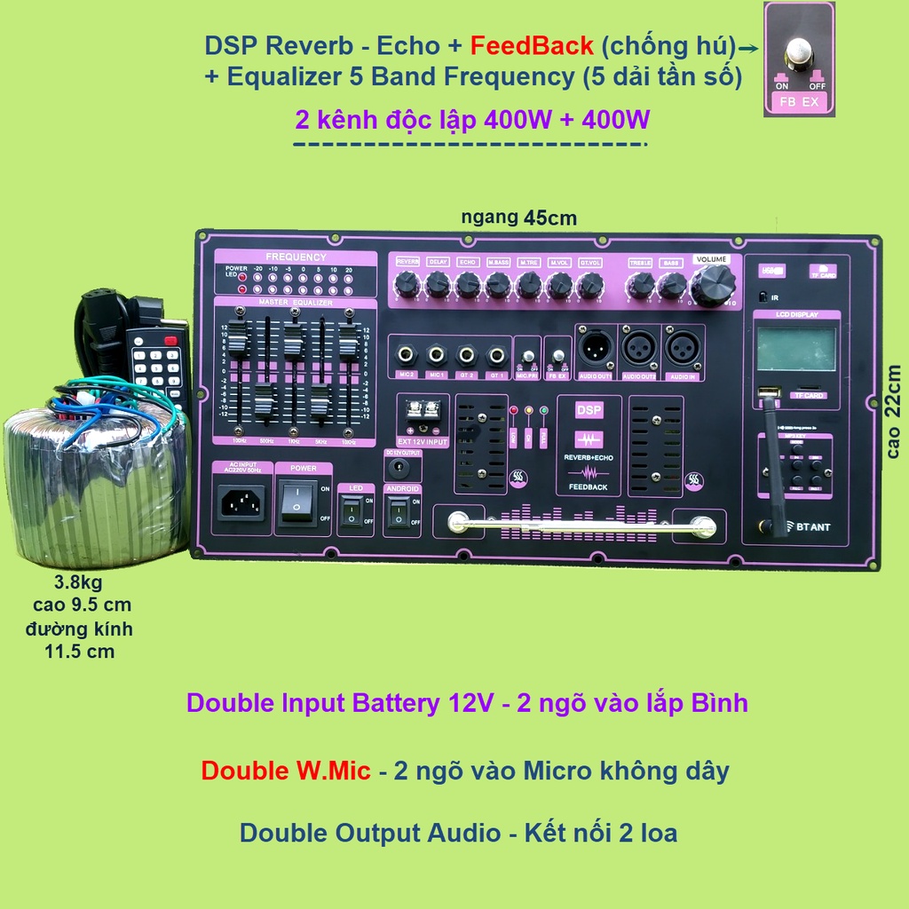 Mạch loa kéo Reverb 2 kênh có Equalizer 5 band kèm micro kèm mic chống hú pin 18650 tần số 740.3 – 755.3 Mhz
