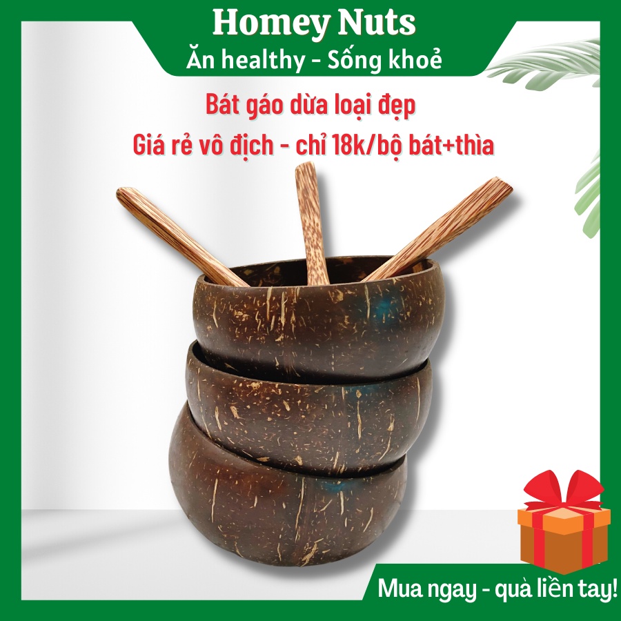 Combo Bát/chén gáo dừa + Muỗng gáo dừa bền đẹp để ăn granola, salad, đựng bột làm đẹp