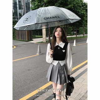 Cocorygirl Áo sơ mi dệt kim dài tay/Chân váy xếp ly lưng cao thời trang Hàn Quốc cho nữ