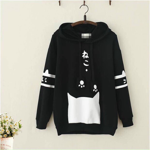 Áo hoodie form rộng nam nữ thời trang dấu chân mèo đơn giản trắng đen | BigBuy360 - bigbuy360.vn