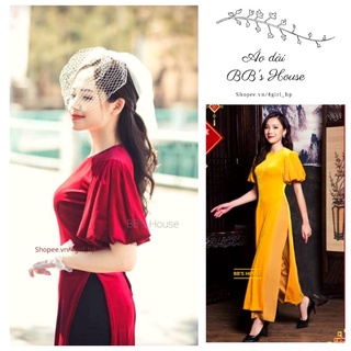 Áo dài nhung tay bồng, tà dài, màu sáng tôn da tôn dáng ( HÀNG MỚI VỀ)