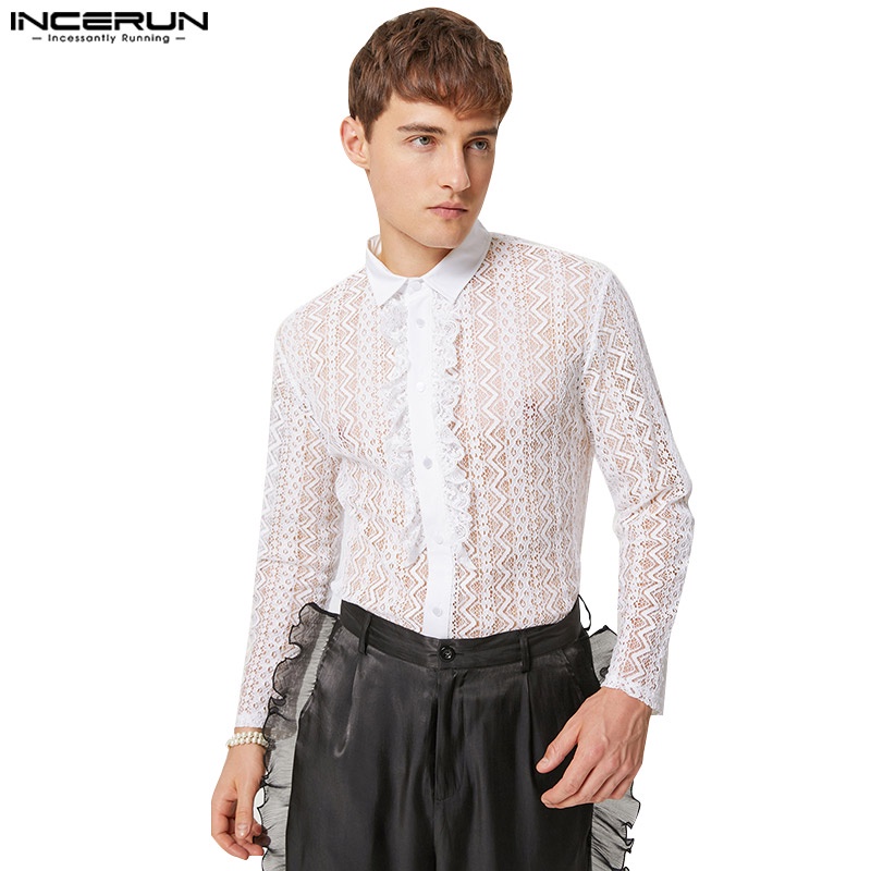 Áo sơ mi INCERUN dài tay phối ren lưới xuyên thấu phong cách Anh Quốc thanh lịch cho nam