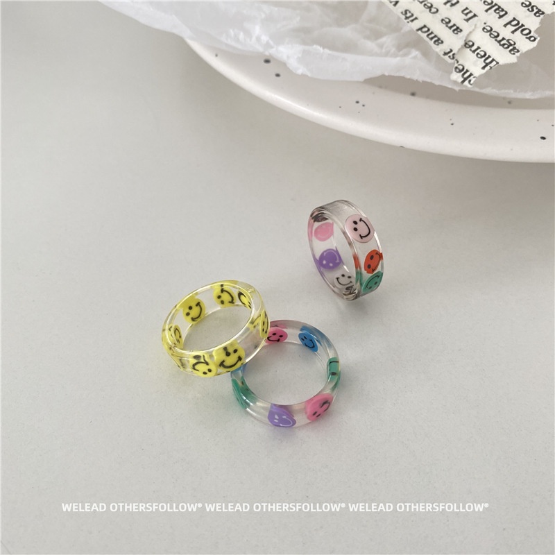 Nhẫn nhựa resin hình mặt cười màu sắc đơn giản phong cách Hàn Quốc 19233 cho bạn bè/cặp đôi
