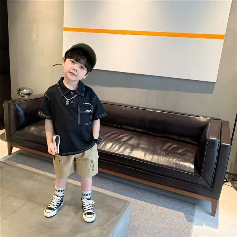 Set Đồ Thể Thao Mùa Hè Gồm Áo Thun Tay Cộc Có Cổ + Quần Bằng Cotton Trơn Phong Cách Phương Tây Cho Bé Trai