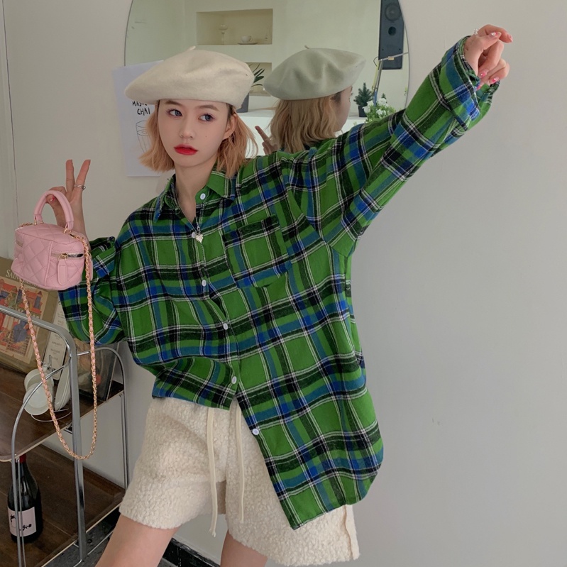 SUXI Áo Sơ Mi Nữ Tay Dài Dáng Rộng Họa Tiết Caro Phong Cách Hàn Quốc